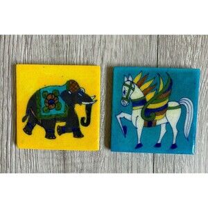 Miniature Indian Painted 3" Square Tiles Elephant & Winged Horse Pegasus Glossy